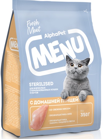 Корм сухой для стерилизованных кошек и котов ALPHAPET Menu с домашней птицей (350 г)