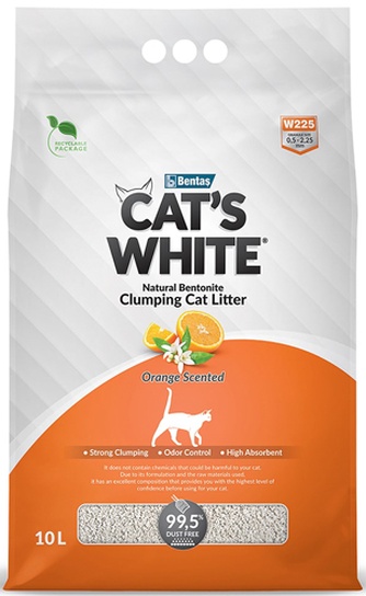Наполнитель комкующийся бентонитовый для кошек CAT'S WHITE Orange Scented с ароматом апельсина (10 л)