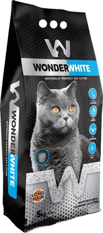 Наполнитель комкующийся бентонитовый для длинношерстных  кошек WONDER WHITE Carbon effect Long Hair с активированным углем без ароматизатора (5 кг)