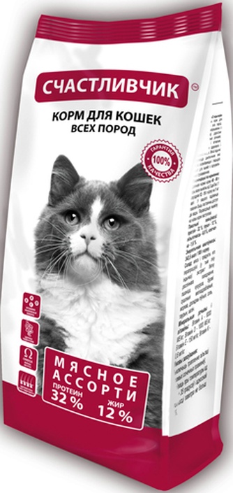 Корм сухой для кошек СЧАСТЛИВЧИК Мясное Ассорти (400 г)