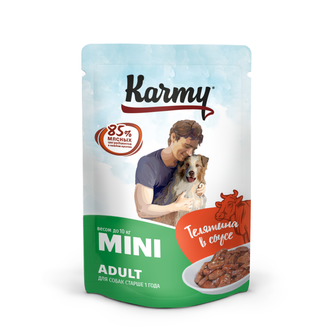Корм влажный для собак мелких пород старше 1 года KARMY Mini Adult, Телятина, в соусе (80 гр)