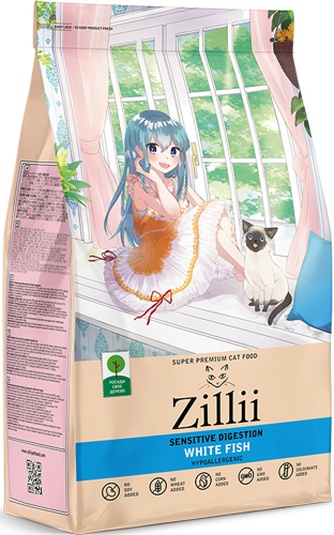 Корм сухой для взрослых кошек ZILLII Sensitive Digestion Cat с чувствительным пищеварением, белая рыба (400 г)