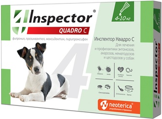 Капли для собак 4-10 кг NEOTERICA Inspector Quadro для лечения и профилактики энтомозов, акарозов, нематодозов и цестодозов (1 мл/1 шт)