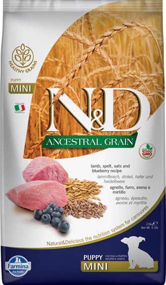 Корм сухой для щенков FARMINA 11266 N&D Ancestral Grain Puppy Mini ягненок, черника (2,5 кг)