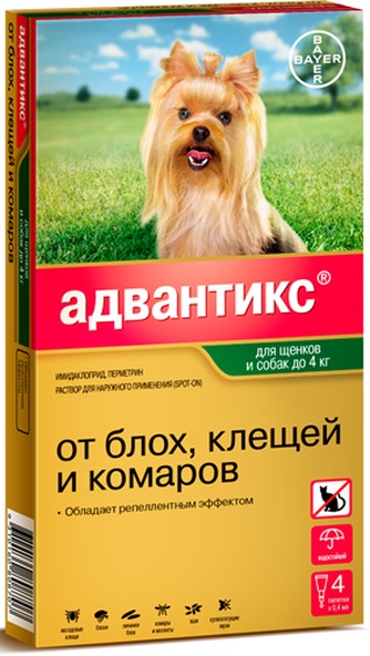 Капли для щенков и собак до 4кг BAYER Адвантикс от блох, клещей и комаров (0,4 мл/4 пипетки)
