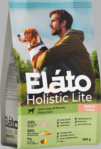 Корм сухой для взрослых привередливых собак ELATO Holistic Lite с кроликом и индейкой (500 г)