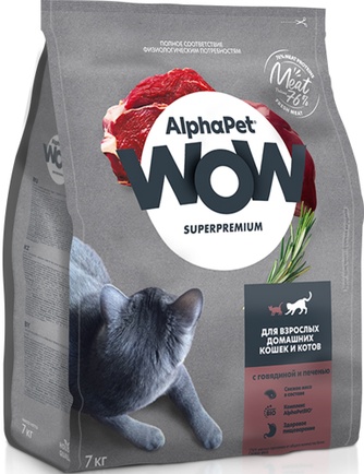 Корм сухой для взрослых кошек AlphaPet WOW с говядиной и печенью (7 кг)