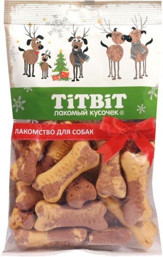Лакомство для собак TITBIT Новогодняя коллекция печенье косточки двухцветные (130 г)