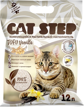 комкующийся соевый для взрослых кошек CAT STEP tofu vanilla растительный (12 л)