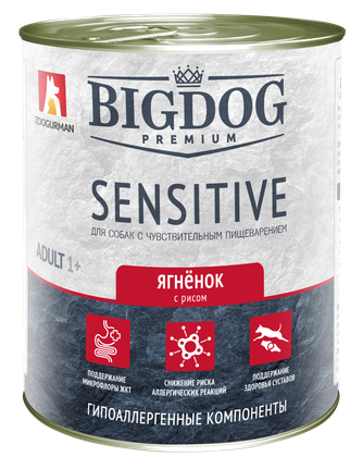 Корм влажный для собак ZOOGURMAN BIG DOG Premium Sensitive с чувствительным пищеварением с ягненком и рисом (850 г)