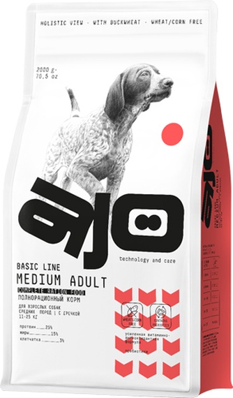 Корм сухой для взрослых собак средних пород AJO Medium Adult с гречкой (2 кг)