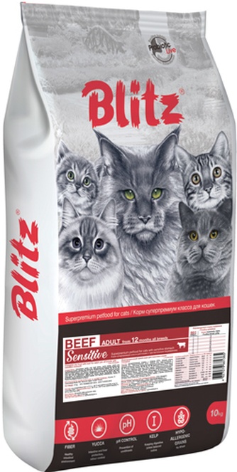 Корм сухой для взрослых кошек всех пород BLITZ Sensitive с говядиной (10 кг)