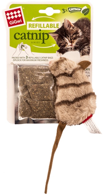 Игрушка для кошек GIGWI Refillable catnip Мышка с кошачьей мятой, полосатая (10 см/3 пакетика с кошачьей мятой)