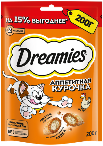 Лакомство для кошек DREAMIES подушечки с курицей (200 г)