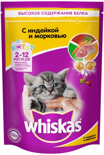 Корм сухой для котят WHISKAS подушечки с молоком Индейка/Морковь (0,35 кг)