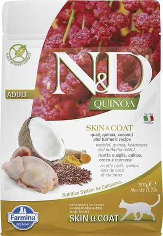 Корм сухой для кошек FARMINA N&D QUINOA здоровье кожи и шерсти, перепелка, киноа, беззерновой (300 г)