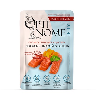 Корм влажный для стерилизованных и кастрированных кошек OPTINOME FOR STERILIZED профилактика МКБ и цистита желе Лосось с тыквой  и зелень (75 г)
