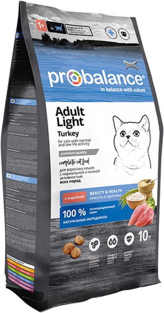 Корм сухой для малоактивных кошек всех пород PROBALANCE Adult Light при склонности к избыточному весу с индейкой (10 кг)