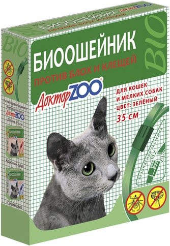 Ошейник для кошек и мелких собак ДОКТОР ZOO Био против блох и клещей, зеленый (35 см)