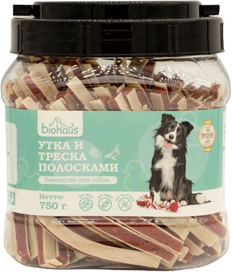 Лакомство для собак BIOHAUS утка и треска полосками (750 г)