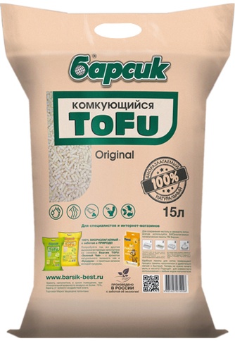 Наполнитель комкующийся растительный для кошек БАРСИК Tofu Original (4,54 л)
