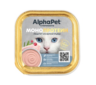 Корм влажный для взрослых кошек ALPHAPET МОНОПРОТЕИН паштет из белой рыбой (100 г)