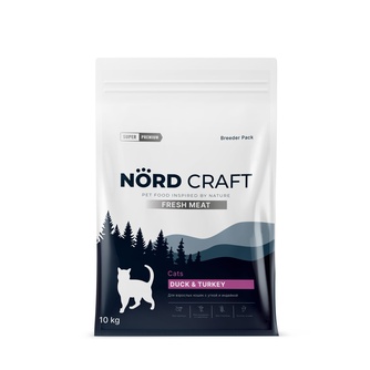 Корм сухой для взрослых кошек NORD CRAFT Fresh Meat Breeder с уткой и индейкой (10 кг)