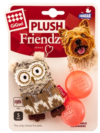 Игрушка для собак GIGWI Plush Friendz Сова с 2-мя сменными пищалками, коричневая (10см)