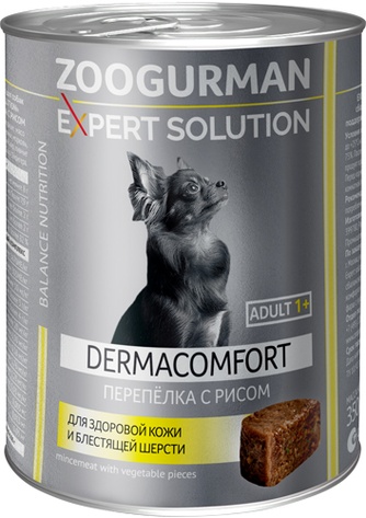 Корм влажный для собак ЗООГУРМАН Expert Solution Dermacomfort для здоровой кожи и блестящей шерсти с перепелкой и рисом (350 г)