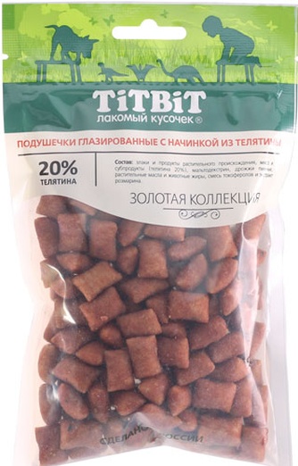 Лакомство для собак мелких пород TITBIT Лакомый кусочек Золотая коллекция Подушечки телятина глазированные (100 г)