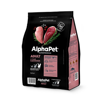 Корм сухой для взрослых кошек и котов ALPHAPET Superpremium с уткой и цыпленком (0,4 кг)