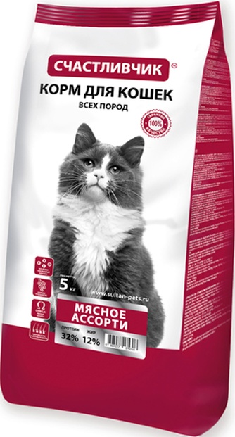Корм сухой для кошек СЧАСТЛИВЧИК Мясное Ассорти (5 кг)