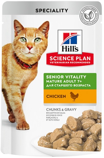 Корм влажный для кошек старше 7 лет HILL'S Science Plan Senior Vitality кусочки курица в соусе (85 г)