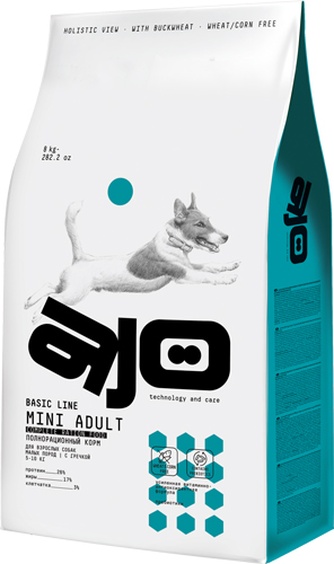 Корм сухой для взрослых собак мелких пород AJO Mini Adult с гречкой (8 кг)