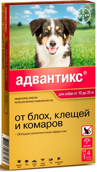Капли для собак 10-25кг BAYER Адвантикс от блох, клещей и комаров (2,5 мл/4 пипетки)