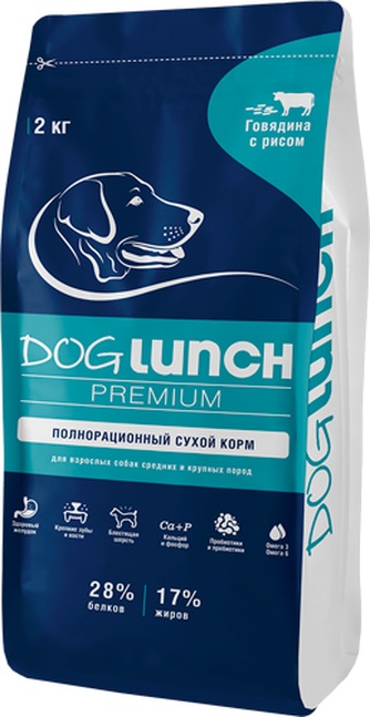 Корм сухой для собак средних и крупных пород DOG LUNCH Premium Говядина, рис (2 кг)