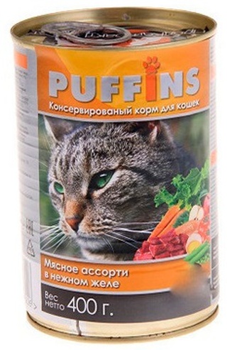 Корм влажный для кошек PUFFINS мясное ассорти, в желе (415 г)