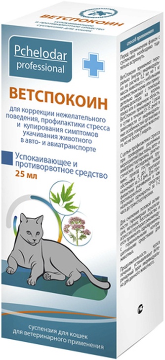 Средство для кошек PCHELODAR Ветспокоин для коррекции нежелательного поведения, профилактики стресса и купирования симптомов укачивания животного в авто- и авиатранспорте  (25 мл)