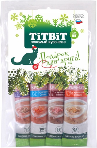 Лакомство для кошек TITBIT Новогодняя коллекция крем-суп 4 вкуса (100 г) Лакомство для кошек TITBIT Новогодняя коллекция крем-суп 4 вкуса (100 г)