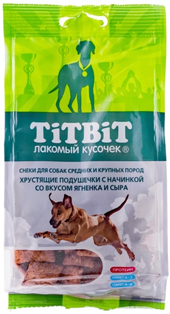 Лакомство для собак мелких пород средних и крупных пород TITBIT Лакомый кусочек Подушечки ягненок сыр (95 г)