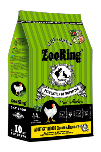 Корм сухой для взрослых кошек всех пород ZOORING Adult Cat Indoor Chicken & Rosemary цыпленок с розмарином (10 кг)