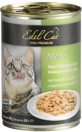 Корм влажный для кошек EDEL CAT кусочки с индейкой и печенью в соусе (400г)