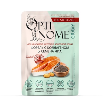 Корм влажный для стерилизованных кошек и кастрированных кошек OPTINOME FOR STERILIZED для красивой шерсти и здоровой кожи соус Форель с коллагеном и семена чиа (75 г)