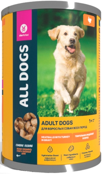 Корм влажный для собак всех пород ALL DOGS Adult с тефтельками из индейки в соусе (415 г)