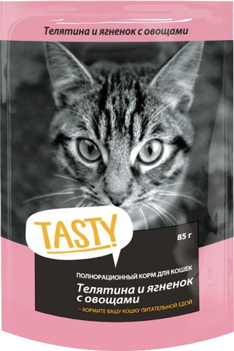 Корм влажный для кошек TASTY с телятиной, ягненком и овощами в желе (85 г)
