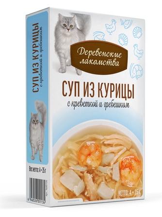Лакомство для кошек ДЕРЕВЕНСКИЕ ЛАКОМСТВА Суп из курицы с креветкой и гребешком (4 шт/35 г)