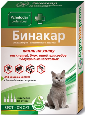 Капли для кошек старше 8 недель PCHELODAR Бинакар от клещей, блох, вшей, власоедов и двукрылых насекомых на холку (0,4 мл/4 пипетки)