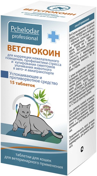 Таблетки для кошек PCHELODAR Ветспокоин для коррекции нежелательного поведения, профилактики стресса и купирования симптомов укачивания (15 таб)