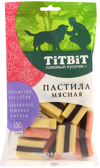 Лакомство для собак TITBIT Лакомый кусочек Пастила баранина, клюква, мед (130г)