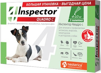 Капли для собак 4-10 кг NEOTERICA Inspector Quadro для лечения и профилактики энтомозов, акарозов, нематодозов и цестодозов (1 мл/3 шт)